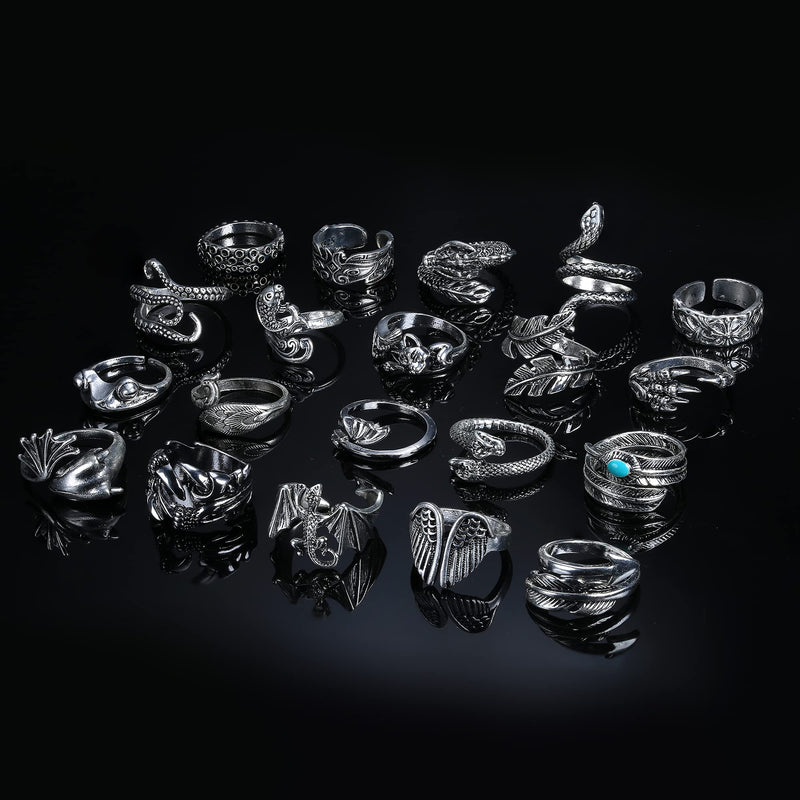 [Australia] - Fansilver 20Pcs Vintage Punk Rings for Men Women Adjustable Gothic Rings Set Stackable Open Rings Frog Dragon Snake Peacock Feather Rings Retro 