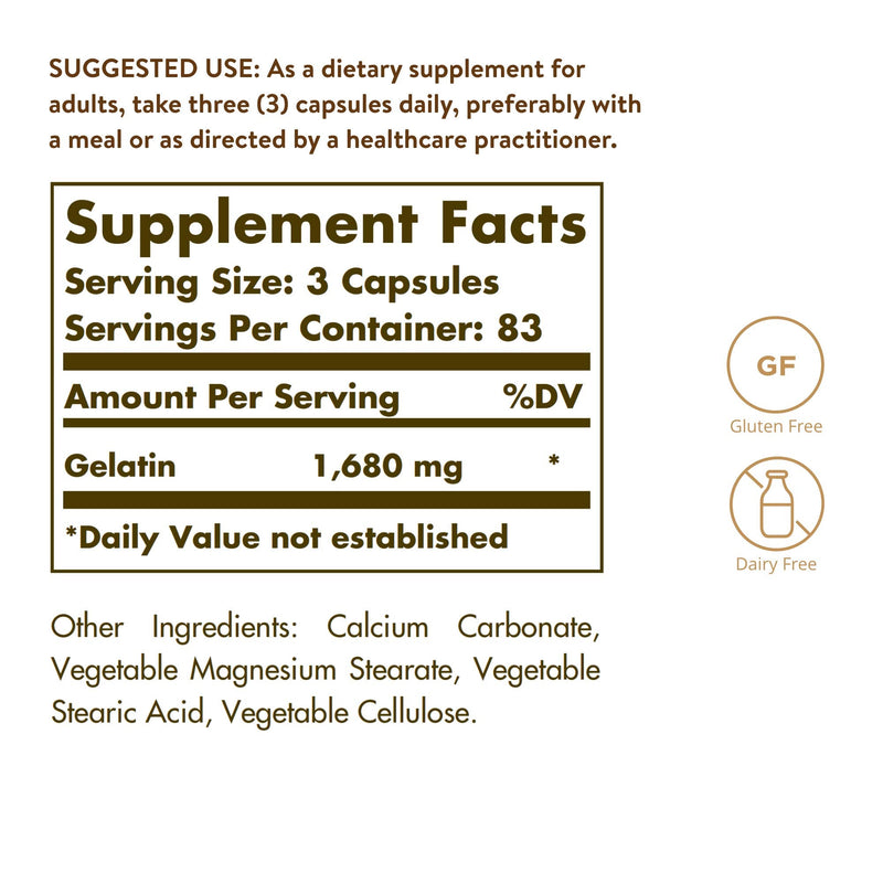 [Australia] - Solgar Gelatin 1680 mg, 250 Capsules - Natural Gelatin - Supports Bone, Joint & Skin Health - Gluten Free, Dairy Free - 83 Servings 