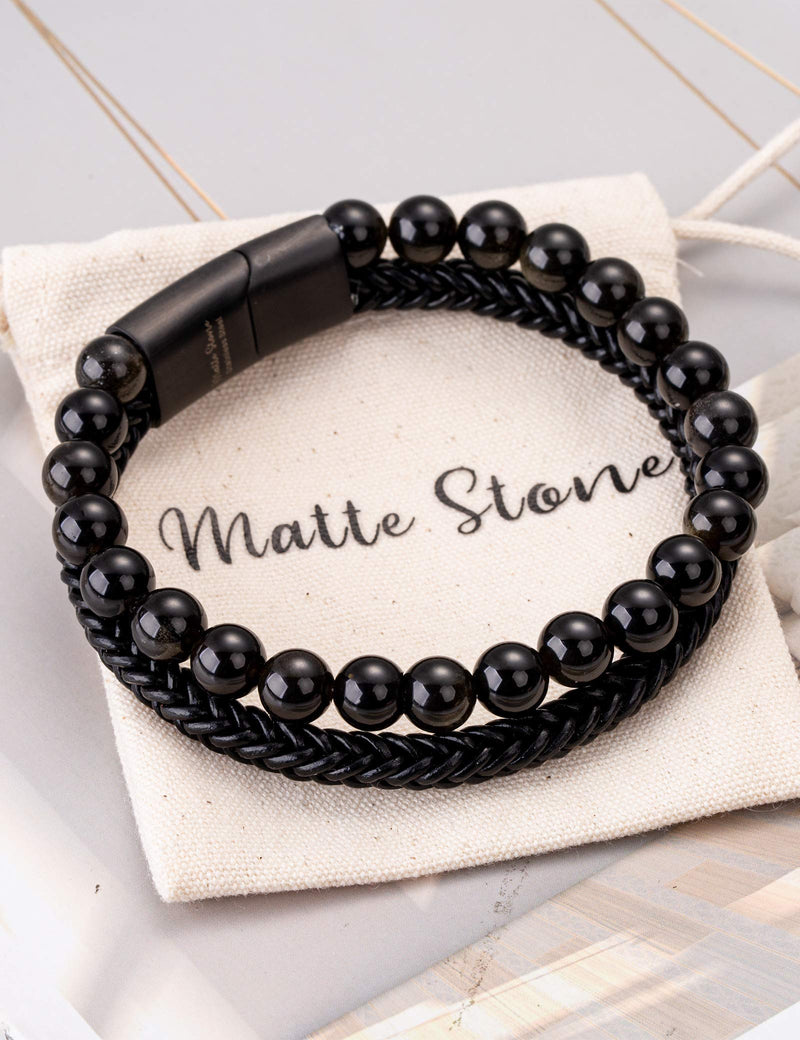 [Australia] - Matte Stone Mens Bead Leather Bracelet Natural Bead and Leather Stainless Steel Magnetic Closure Bracelet for Men Black 7.5 Inches 