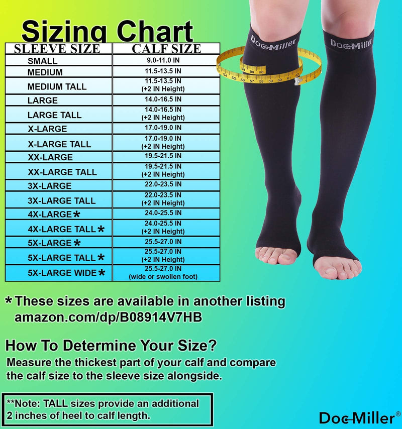 [Australia] - Doc Miller Open Toe Compression Socks Women and Men, Toeless Compression Socks Women, Support Circulation Shin Splints and Calf Recovery, Varicose Veins, 1 Pair Black Knee High, Large Tall, 20-30mmHg 