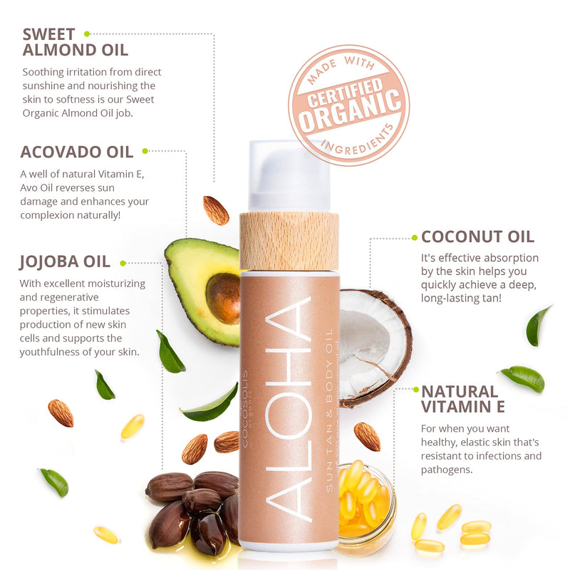 [Australia] - COCOSOLIS ALOHA Sun Tan & Body Oil | Organic Tanning Bed Lotion | Get Healthy Deep Chocolate Tan | Tanning Accelerator with 5 Precious Oils to Make Your Skin Glowing & Revitalized (110 ml) 