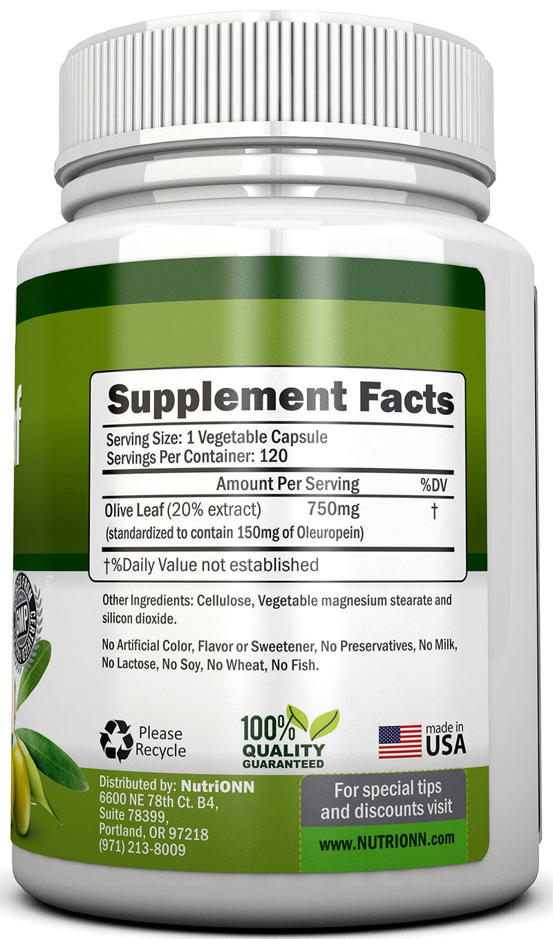 [Australia] - Olive Leaf Extract - 750 Mg - 120 Capsules - Extra Strength - 20% Oleuropein - Non-GMO Formula - Premium Quality From Pure Olive Leaves - Powerful Antioxidant - Great for Heart, Skin and Immune System 