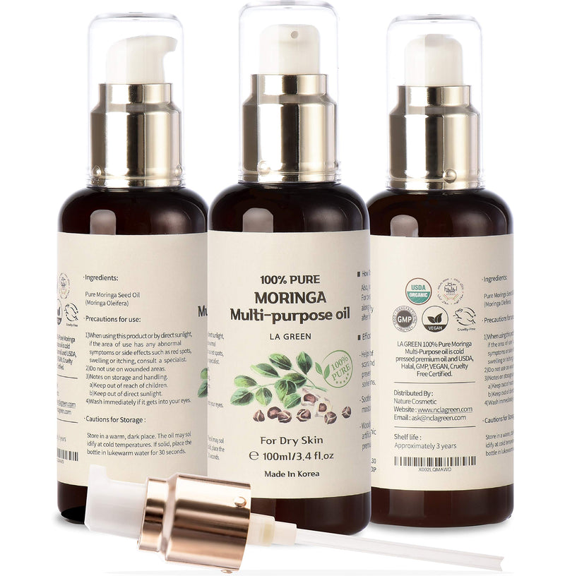 [Australia] - USDA Organic Moringa Oil Pure Multi purpose Skin Oil - for Face, Body, Hair - Food Grade, Oral Consumption - USDA Certified, Non GMO, Cold Pressed, Unrefined. bottle with Pump. Face Oil(3.4 fl oz) LA GREEN 