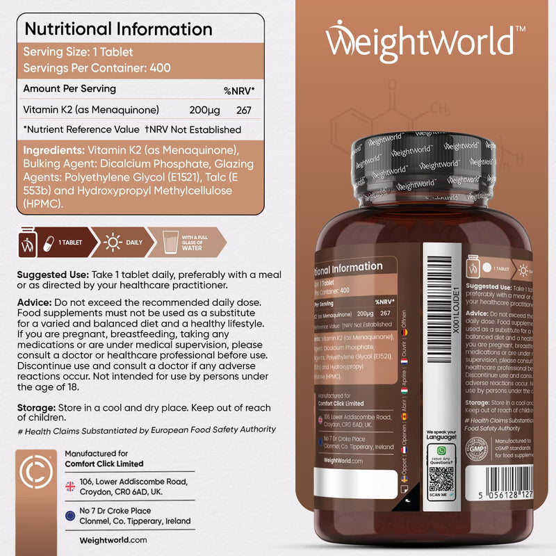 [Australia] - Vitamin K2 MK7 200mcg - 400 Vegan K2 Vitamin Tablets (Not Vitamin K2 Capsules) 400 Days Supply - High Strength VIT K Supplement as Menaquinone - Gluten-Free VIT K2 Bone Supplement 
