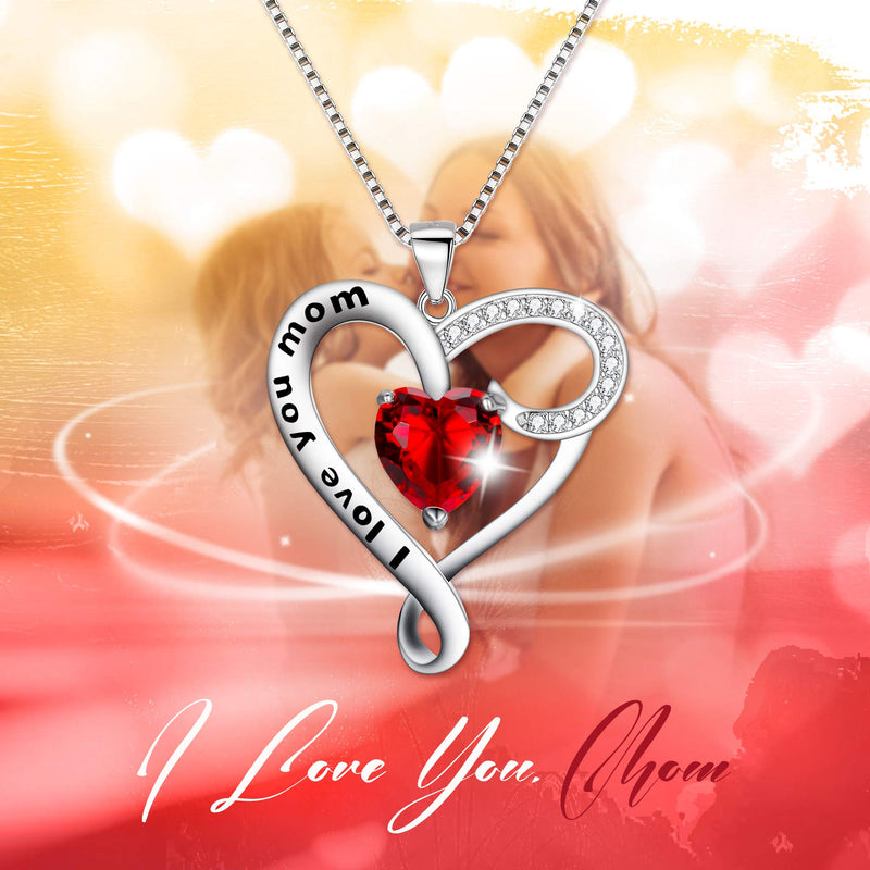 [Australia] - EVER FAITH Mother's Day Birthday Gift 925 Sterling Silver CZ"I Love You Mom" Heart Pendant Necklace Red 