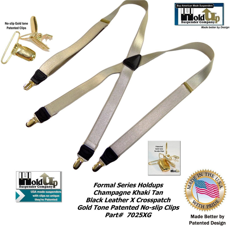 [Australia] - Holdup Suspender Brand Champagne GoldenTan narrow 1" Formal Series Suspenders with X-back crosspatch and patented Gold-tone no-slip Clips 