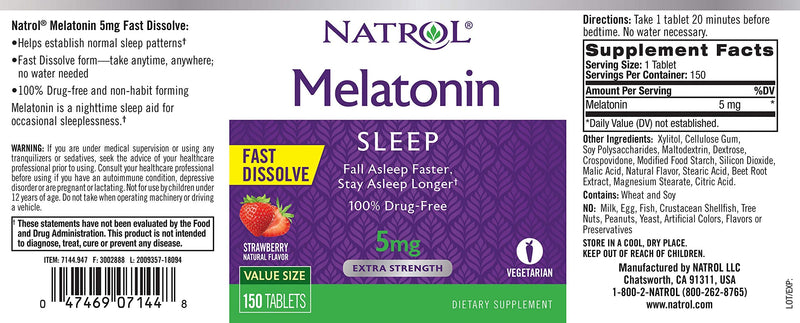 [Australia] - Natrol Melatonin Fast Dissolve Tablets, Helps You Fall Asleep Faster, Stay Asleep Longer, Easy to Take, Dissolves in Mouth, Strengthen Immune System, Strawberry Flavor, 5mg, 150 Count 150 Count (Pack of 1) 