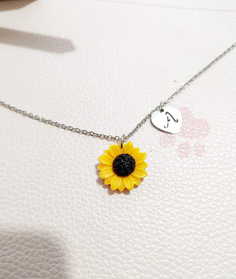 [Australia] - Jeni-Sely Stainless Steel Chain Resin Sunflower with Heart Shape Initial Letter Pendant Necklace Personalized Initial Necklace K 