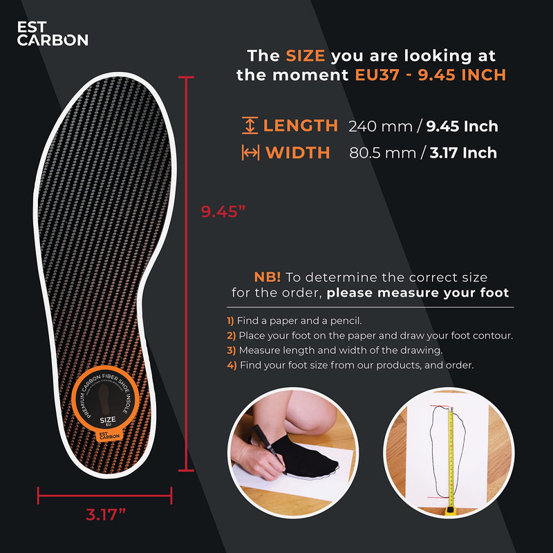 [Australia] - Carbon Fiber Insole, 1Piece, Shoe Insert, Rigid - Strong, Orthotic Shoe Stiffener Insert for Foot Arthritis, Turf Toe, Hallux Rigidus, Mortons Toe – Hiking and Sports 240mm EU37 9.45 Inch, Should Fit Women's Size 7.5, Men's 6.5 