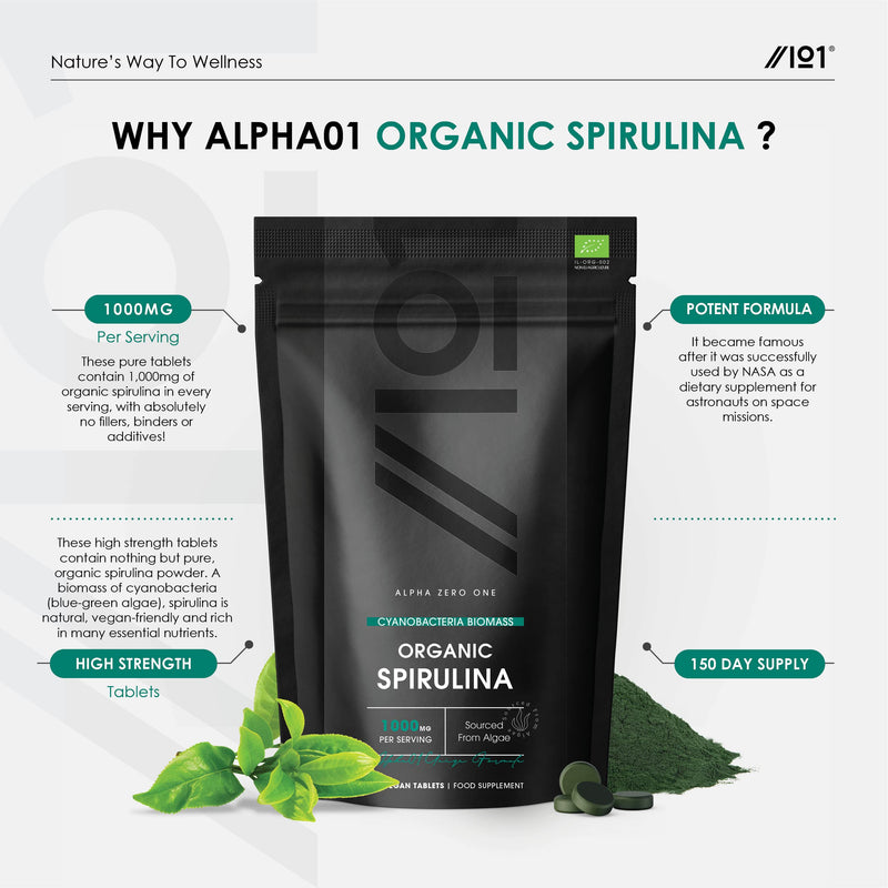 [Australia] - Organic Spirulina 1000mg | 300 Vegan Tablets - Pure Supplement Formula with No Additives – Certified Organic, Non GMO, Gluten Free, Halal by Alpha01 