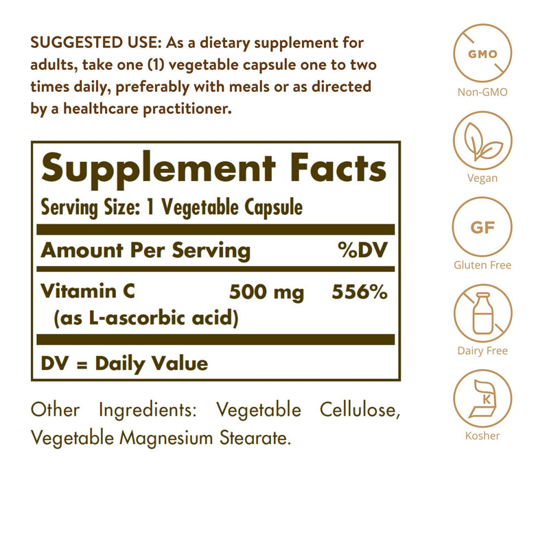 [Australia] - Solgar Vitamin C 500 mg, 100 Vegetable Capsules - Antioxidant & Immune Support - Overall Health - Supports Healthy Skin & Joints - Non GMO, Vegan, Gluten Free, Kosher - 100 Servings 