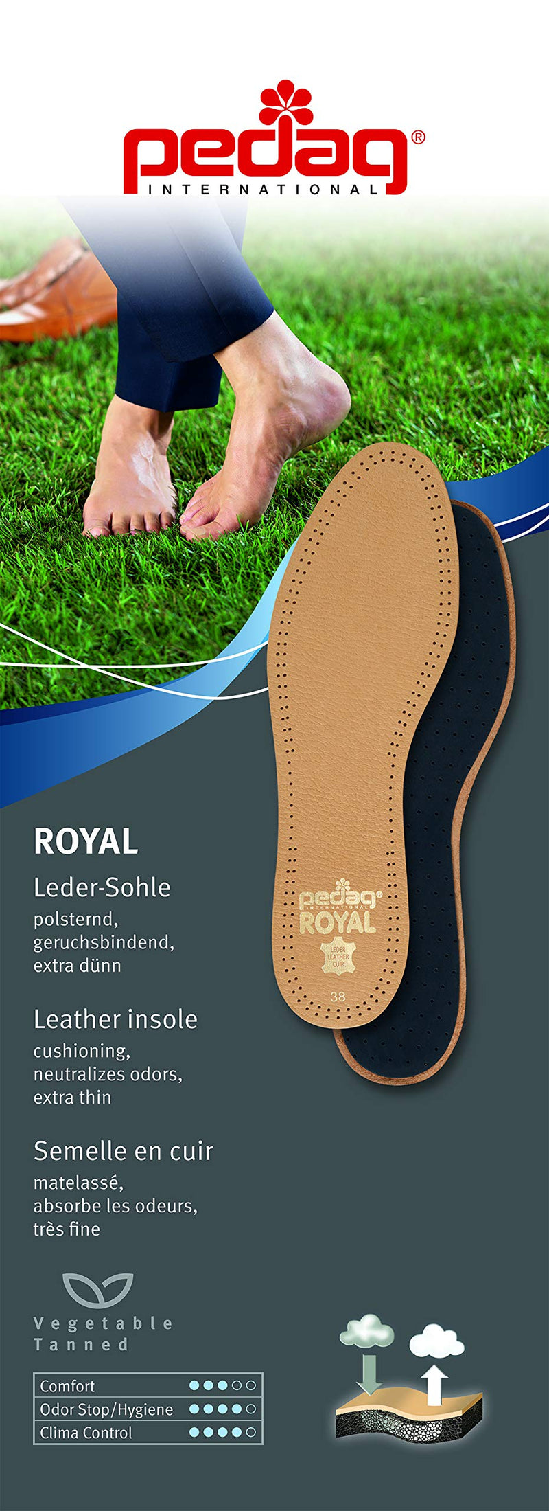 [Australia] - Pedag Royal, German Made, Lambskin Genuine Leather Insoles, Vegetable Tanned Sheepskin with Anti-Odor Natural Activated Carbon, Padded with Latex Foam, Absorbent and Thin, Tan, Size US Men 10 / EU 43 