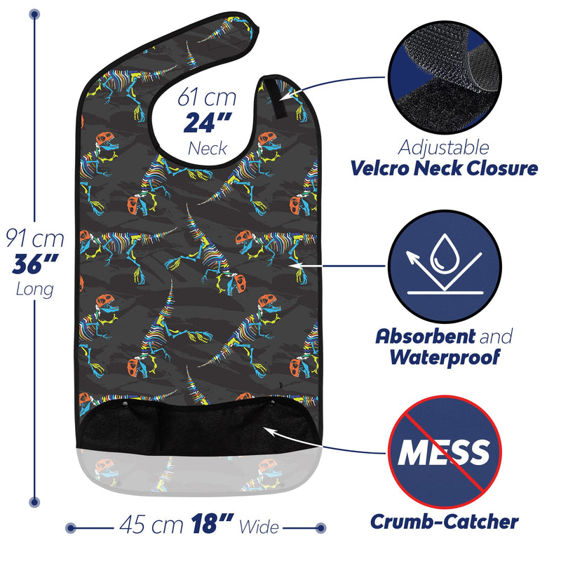 [Australia] - Adult Bibs for Eating: Reusable Adult Size Bib for Men and Women - Washable Clothing Protector with Crumb Catcher Pocket - Dinosaur Bones Edition 