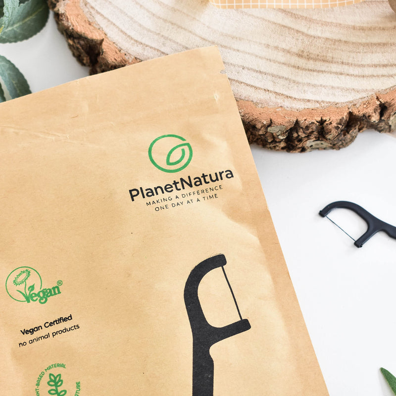 [Australia] - PlanetNatura Bamboo Charcoal Dental Floss Picks, 50 Pack, Eco-Friendly Plant-Based Handle, Deep Tooth and Gum Cleaning, Soft and Gentle Thread, Vegan Friendly 