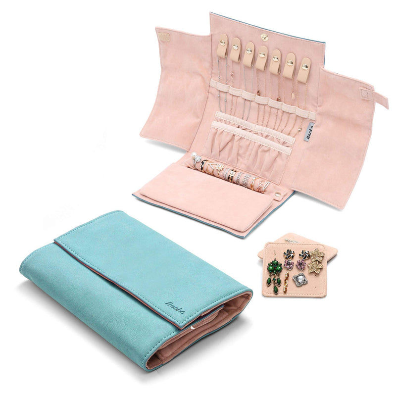 [Australia] - Becko Jewelry Organizer Roll Travel Jewel Bag case for Multiple Necklaces, Rings, Bracelets, Supple Leather & Suede, Large Capacity Without Crease, Lightweight, Portable & Practical (Blue) Blue 