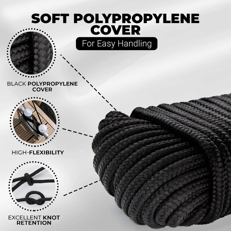 [Australia] - 50 ft. Nylon Braided Polypropylene Flag Pole Rope, 1/4 All Purpose Clothesline Camping Utility Moving Rope, Excellent Shock Absorption, Good for Tie, Pull, Swing, Pool & Knot, Black - by Ram-Pro 50 ft 1 - Pack 