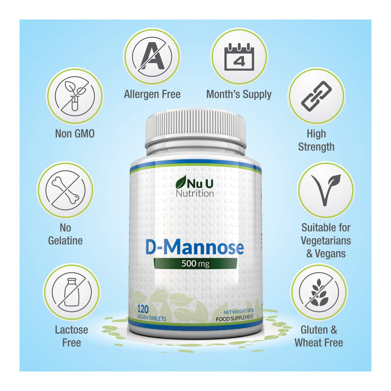 [Australia] - D-Mannose Tablets 500mg | 120 Tablets | High Strength | Allergen Free and Suitable for Vegetarians and Vegans | Not Mannose Capsules or Powder Made in The UK by Nu U Nutrition 