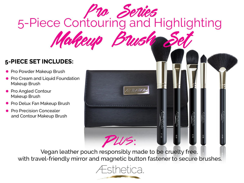 [Australia] - Aesthetica Pro Series 5-Piece Contouring and Highlighting Makeup Brush Set - Includes Large Powder, Foundation, Angled, Deluxe Fan & Precision Concealer Makeup Brushes - 100% Vegan & Cruelty Free 