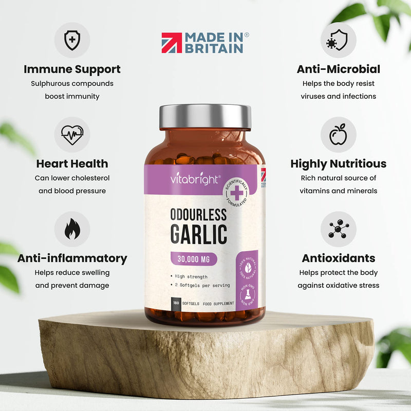 [Australia] - Odourless Garlic Capsules - High Strength 30,000mg - 180 Deodourised Garlic Oil Softgels – High in Allicin Garlic Supplement - 100% Natural Cold Pressed Garlic Tablets – Immune Support - Made in UK 
