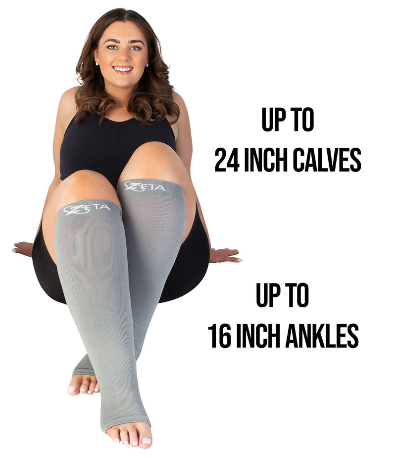 [Australia] - Zeta Socks Open Toe XXL 24 Inch Wide Calf Plus Size Compression 20-30 mmHg for Fatigue, Pain, Leg Swelling, Soothing Comfy Gradient Support, Prevents Swelling, Pain, Edema, DVT (1 Pair) Gray 