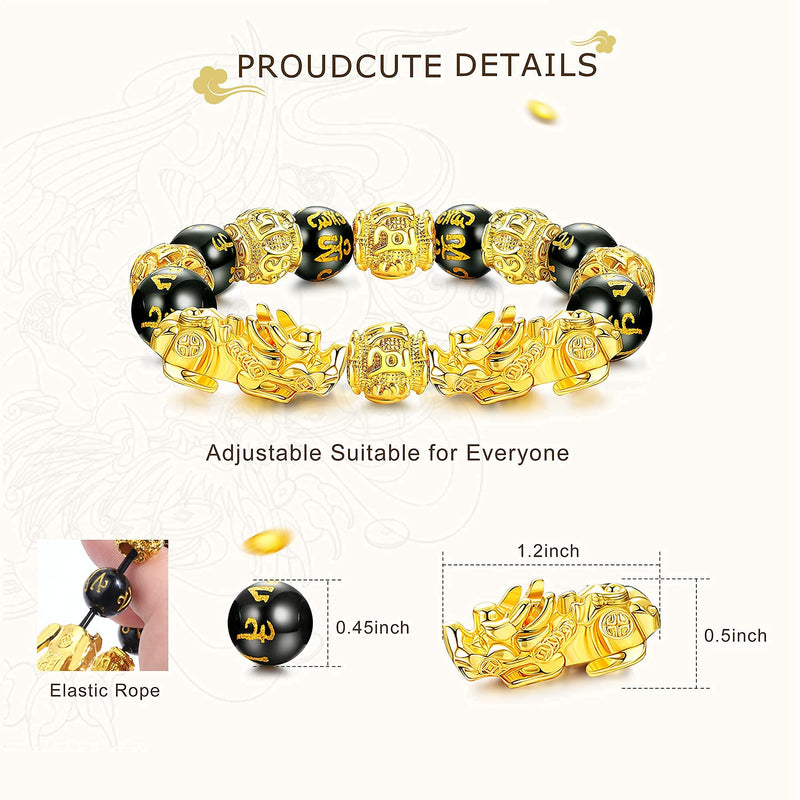 [Australia] - Ubjuliwa Feng Shui Bracelet Necklace Set Pi Xiu Bracelet Real Black Obsidian Wealth Bracelet for Women Men Good Luck Jewelry Elastic Adjustable Gold-1 Set 