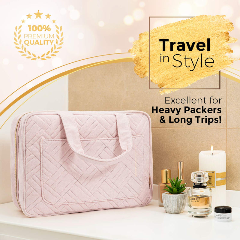 [Australia] - Hanging Travel Toiletry Bag for Women and Men, Foldable Wash Bag, Bathroom, and Shower Organizer Kit with Elastic Band Holders for Toiletries, Cosmetics, Makeup, Brushes, Accessories (Large) (Large) Heavenly Pink 