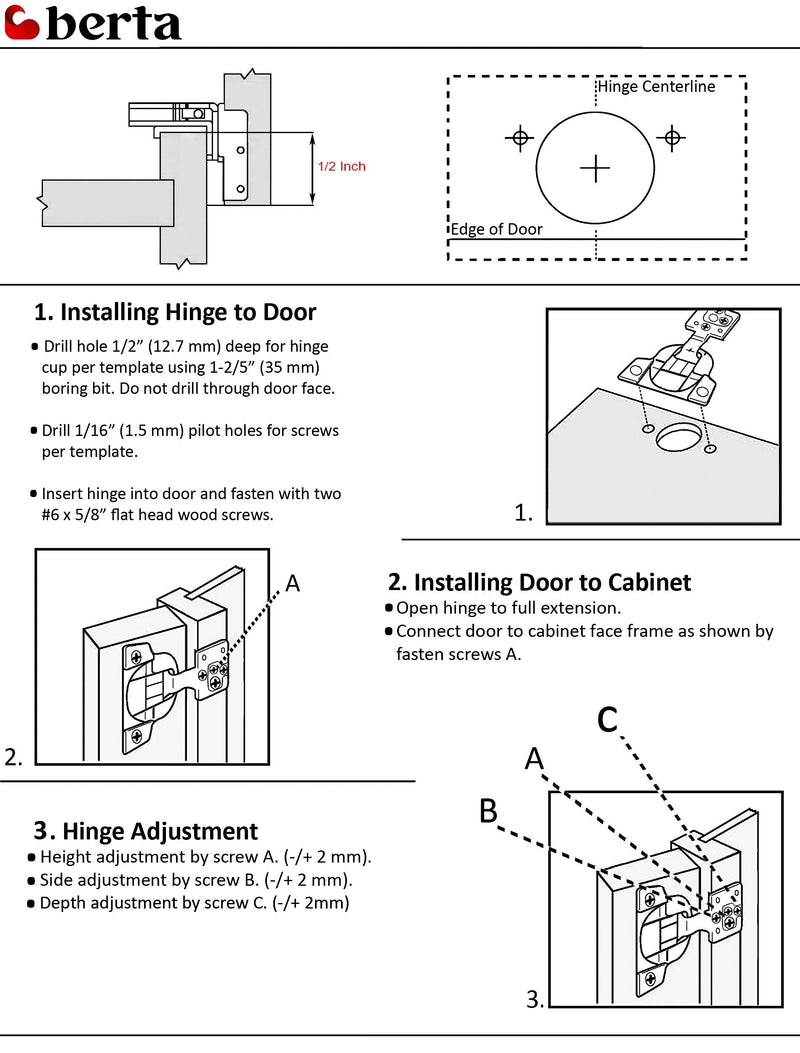 [Australia] - Berta (2 Pieces) 1/2 inch Overlay Face Frame Soft Closing Hinges, 105 Degree 6-Ways 3-Cam Adjustment Concealed Kitchen Cabinet Door Hinges with Screws 2 Pieces 