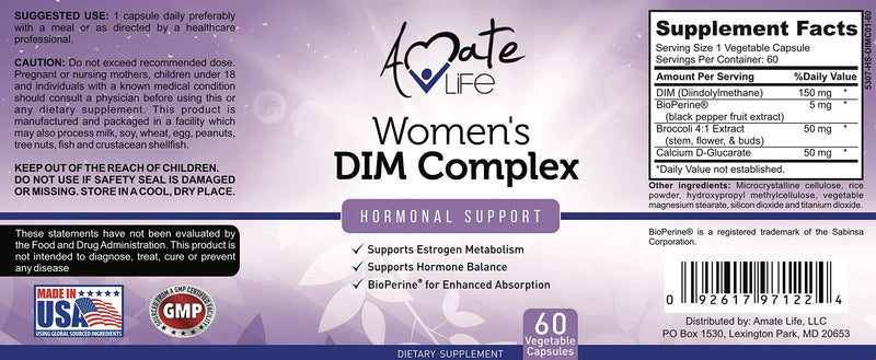 [Australia] - Women’s DIM Complex 150mg - Bioperine Estrogen Balancing Pills for Menopause & Hot Flashes Relief Support Hormonal Acne Powerful Supplement - 60 Capsules - Made in USA by Amate Life 