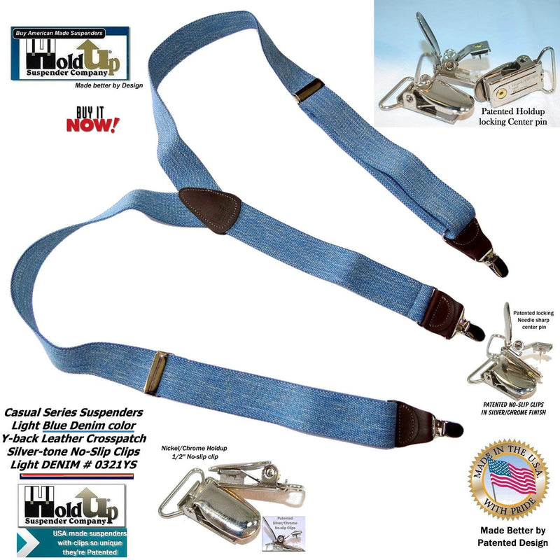 [Australia] - Holdup brand USA made Light Blue Denim Y-back Suspenders with Silver-tone No-slip Clips 