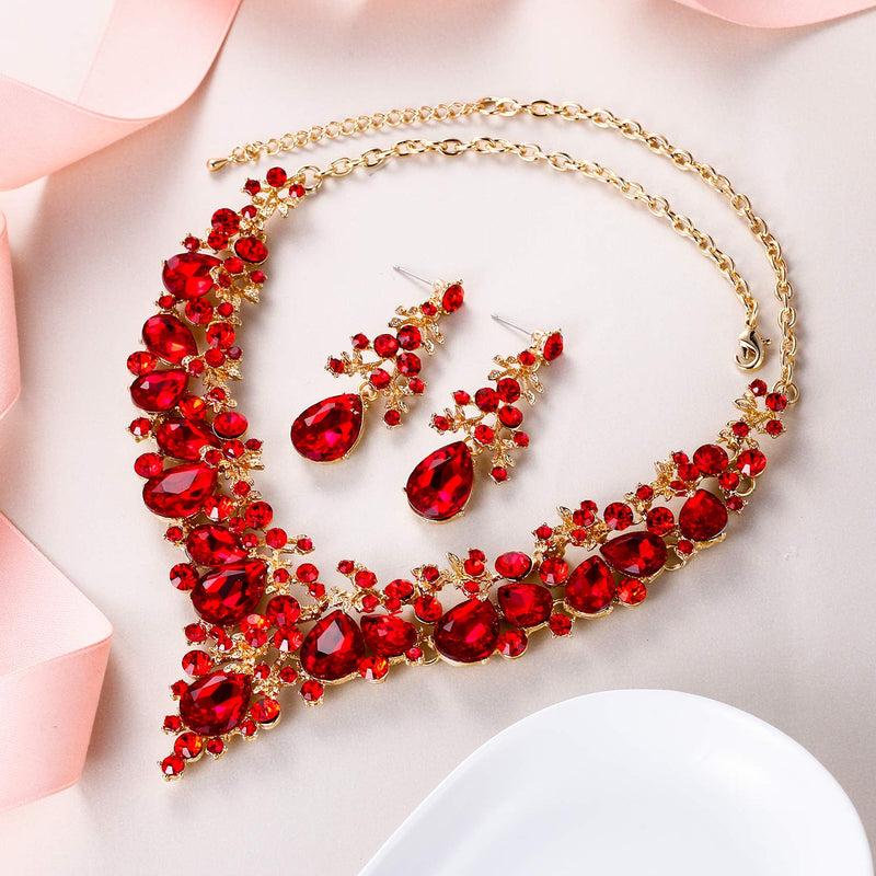 [Australia] - EVER FAITH Women's Crystal Elegant Bridal Floral Cluster Teardrop Statement Necklace Earrings Set Red Gold-Tone 