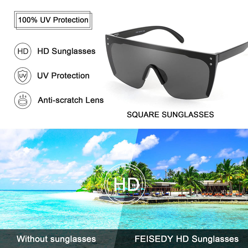 [Australia] - FEISEDY 2021 Flat Top Oversized Rimless Sunglasses for Women Men Shield Wrap Square UV400 B2761 Black 70 Millimeters 