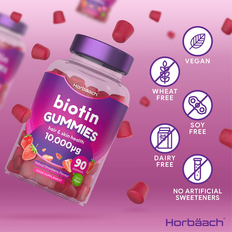 [Australia] - Biotin Gummies 10,000mcg | 90 Vegan Vitamins | for Hair Growth & Skin Health | Natural Strawberry Flavour | No Artificial Flavours or Sweeteners | von Horbaach 