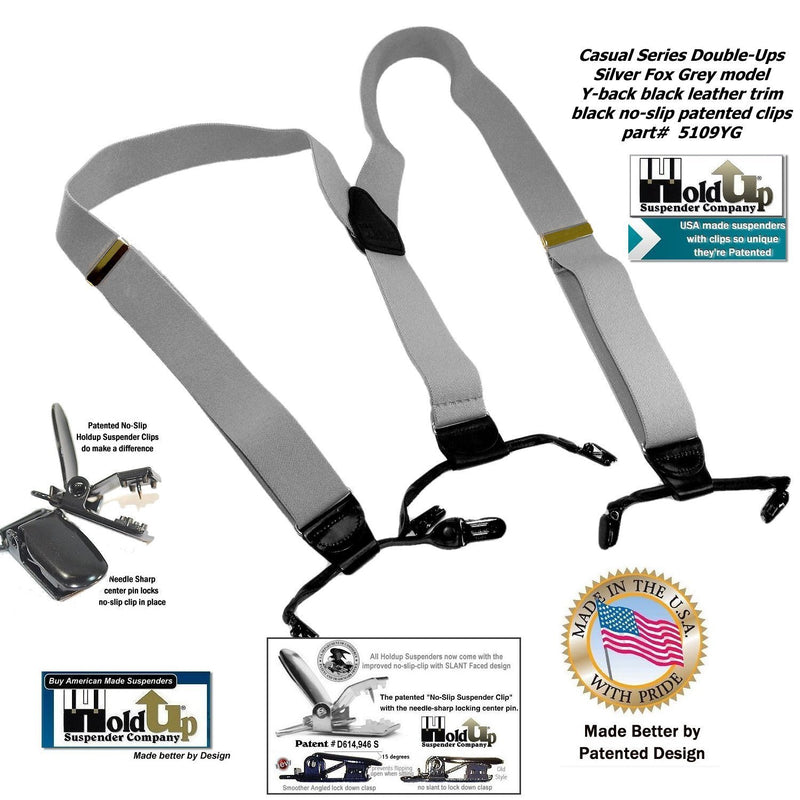[Australia] - Holdup Suspender Company's Silver Fox Grey Suspenders in Dual Clip Double-ups Style with USA made 1 1/2" wide straps and Patented No-slip Clips 