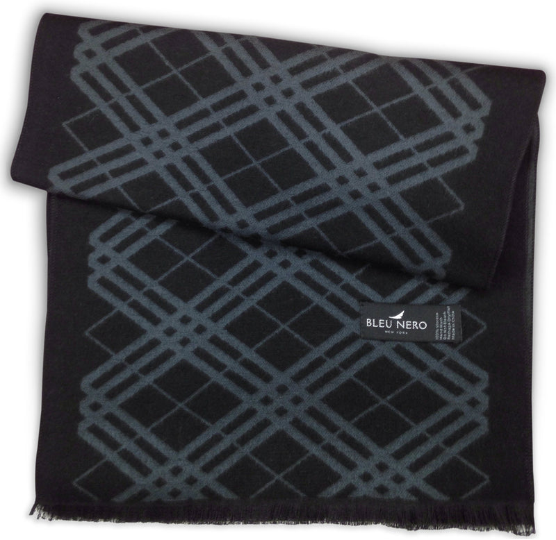 [Australia] - Bleu Nero Luxurious Winter Scarf Premium Cashmere Feel Unique Design Selection Black/Blue-grey Diagonal Plaid + Border 