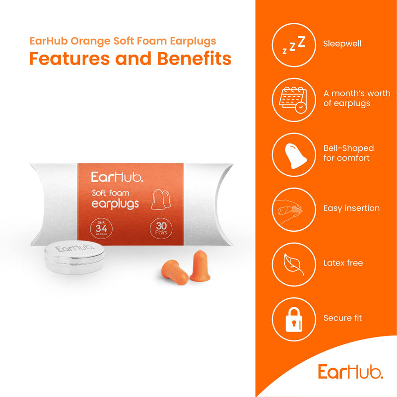 [Australia] - EarHub Premium Soft Foam Orange Earplugs 30 Pairs. Hearing Protection 34dB. Ear Plugs Best Used for Sleep. Also Used for Travel, Work, Study & Concerts 