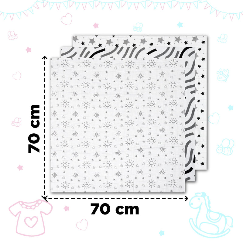 [Australia] - Linomus Muslin Cloths for Baby Pack of 6 (70 x 70 cm) - Soft, Absorbent & Breathable 100% Pure Cotton Burp Cloths - Ideal to Clean, Wipe & Cover Newborns - Black & Grey Galaxy Theme 