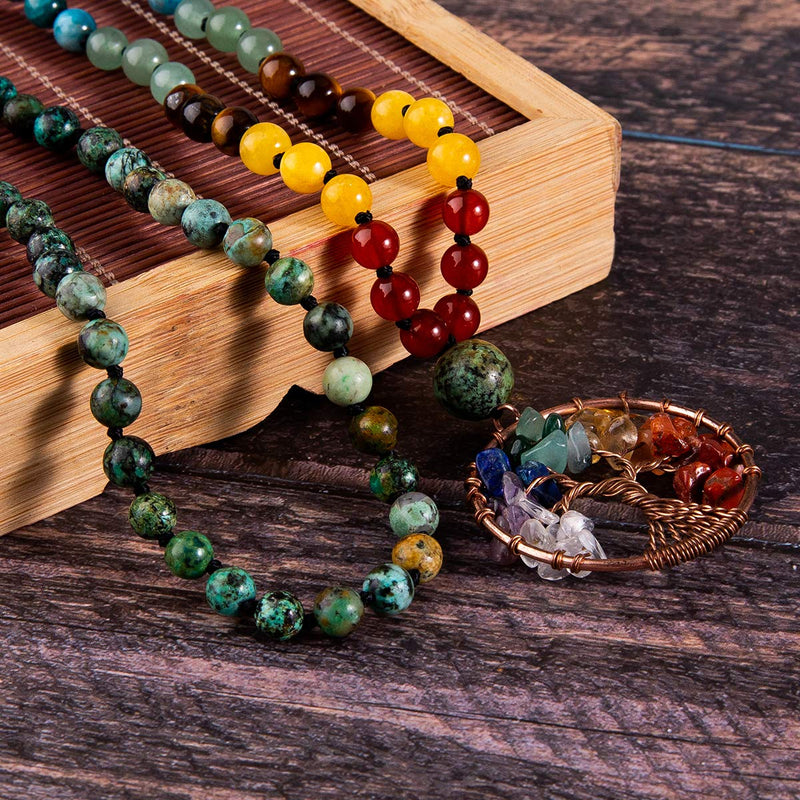 [Australia] - Bivei 108 Mala Beads Bracelet - 7 Chakra Tree of Life Real Healing Gemstone Yoga Meditation Hand Knotted Mala Prayer Bead Necklace African Turquoise 