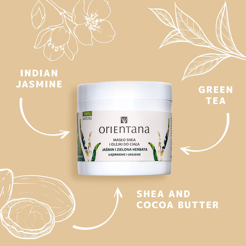 [Australia] - Orientana 100% Natural Rich Body Butter - Shea Butter Jasmine & Green Tea - Vegan Organic Scented Moisturiser - Hydrating Firming Relaxing Dry Sensitive Skin - Cocoa Almond Magnesium & Vitamin E, 100g 