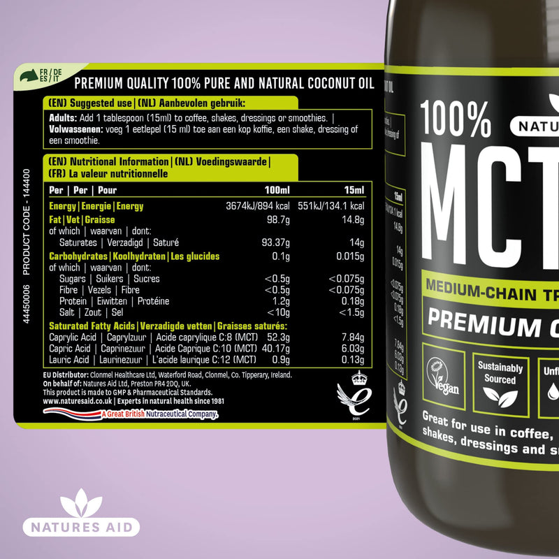 [Australia] - Natures Aid 100 Percent MCT Oil, Premium Coconut Oil, Sustainably Sourced, Add to Coffees or Shakes, Vegan, 500 ml 