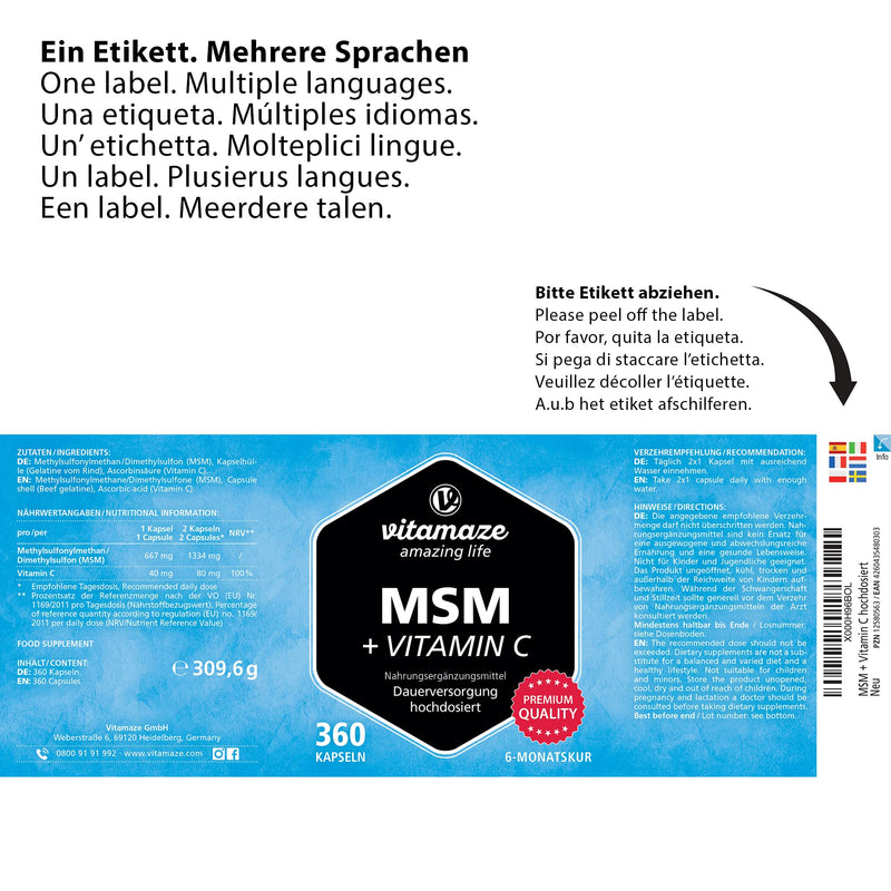 [Australia] - MSM Capsules with Vitamin C - 360 Capsules for 6 Months - 1334 mg Daily Dose of Organic Sulfur Powder, 99.9% Pure Methylsulfonylmethane - German Quality Supplement MSM and Vitamin C 