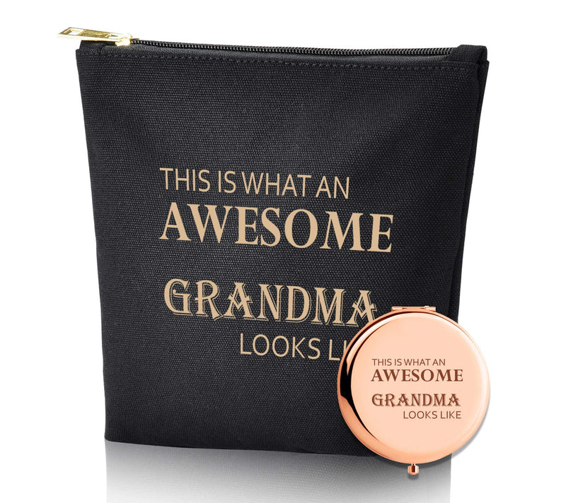 [Australia] - This Is What An Awesome Grandma -Birthday Thanksgiving Gift For Grandma -Makeup Bag And Rose Gold Mirror Gift -Set Of 2 