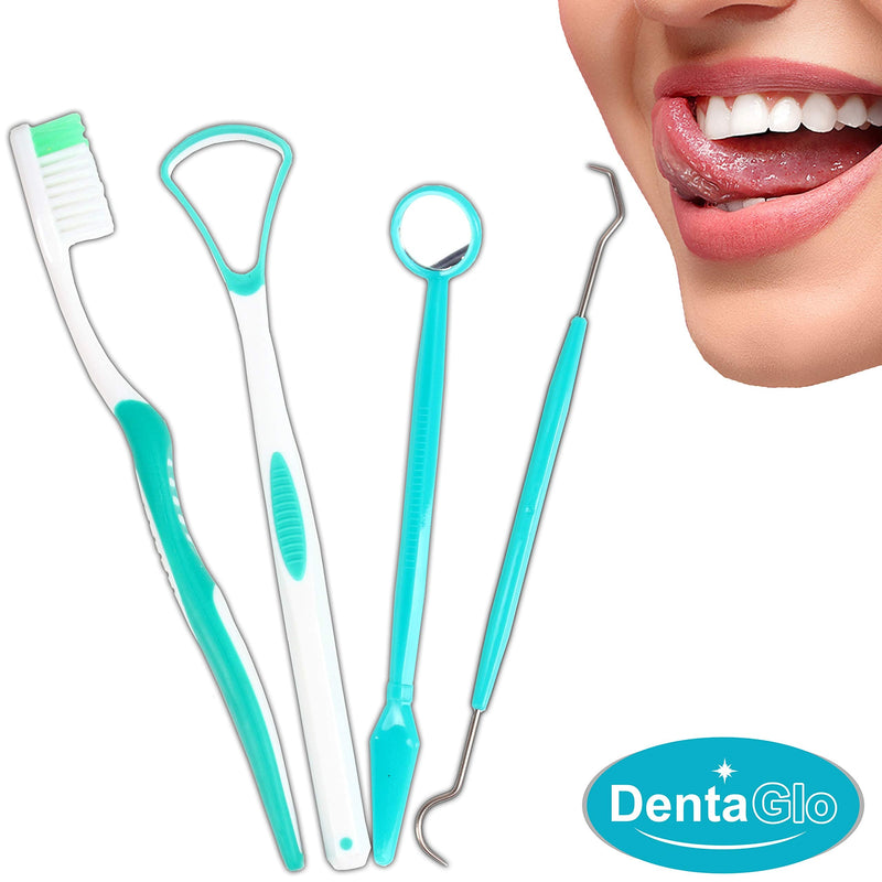 [Australia] - 4Pc Dental Care Kit with Soft Bristle Toothbrush, Tongue Scraper, Mirror & Dentists Tooth Pick for Superior Interdental Cleaning 