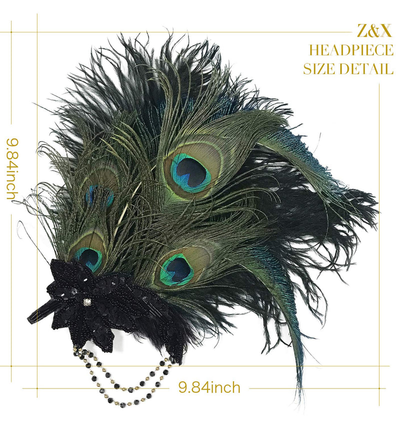 [Australia] - Z&X Peacock Feather Fascinator Hair Clip Headband 1920s Costume Flapper Headpiece C- Green 