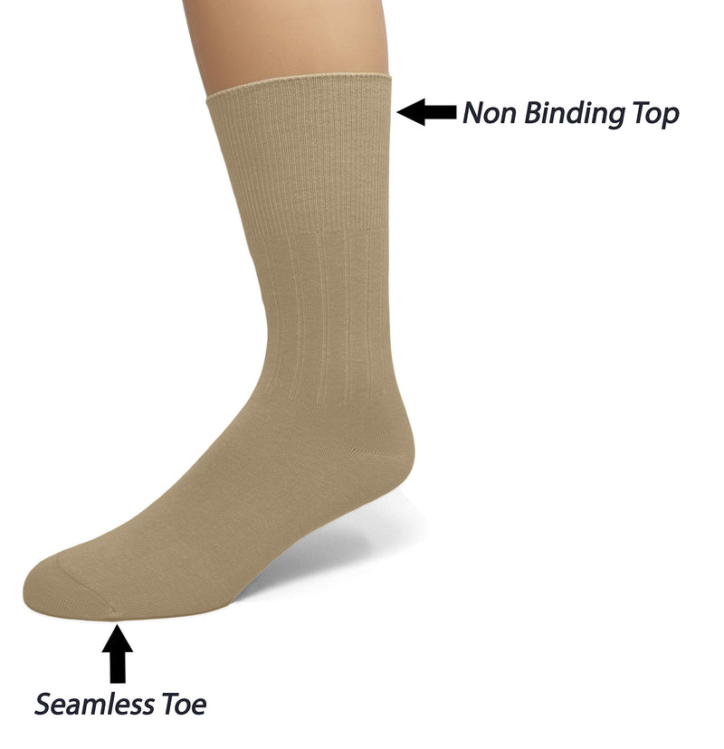 [Australia] - EMEM Apparel Men's Diabetic Dress Crew Cotton Socks | Non-Binding Loose Top | Seamless Toe | 3-Pair | Big and Tall Available 13-15 Big Tall Khaki, 3-pack 