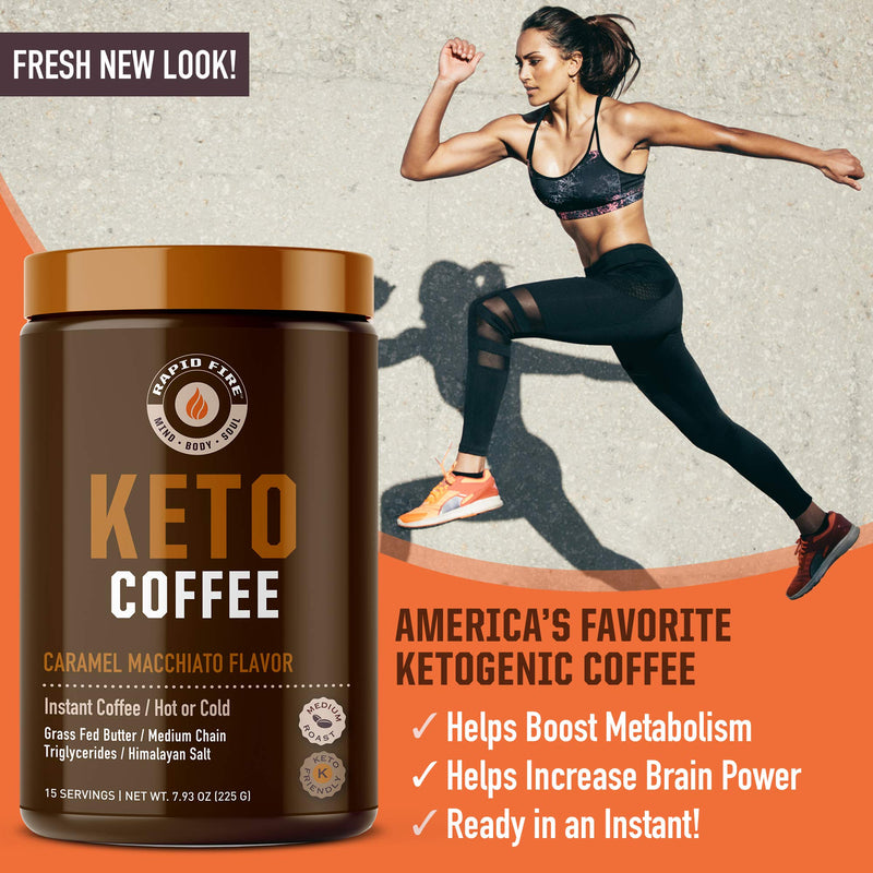 [Australia] - Rapidfire Ketogenic Fair Trade Instant Keto Coffee Mix, Supports Energy, Metabolism, and Weight Loss, Grass Fed Butter, MCTs & Himalayan Salt, 15 servings, Caramel Macchiato Flavor, 7.93 Ounce 
