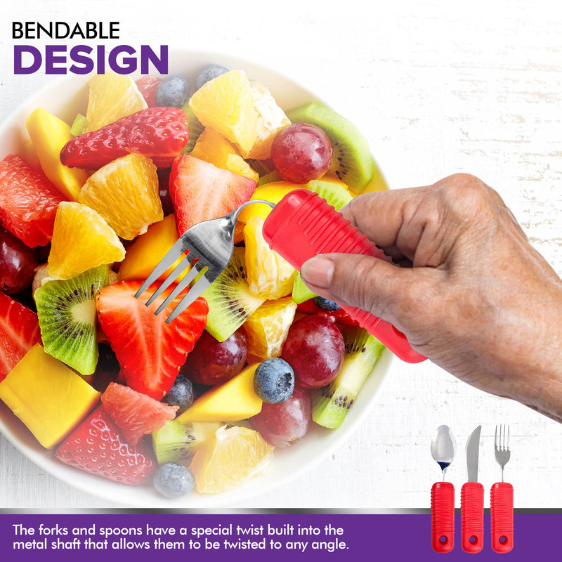 [Australia] - 3 Piece Super Easy Grip Red Flatware Set - Bendable Built Up Large Fork, Knife, and Spoon 