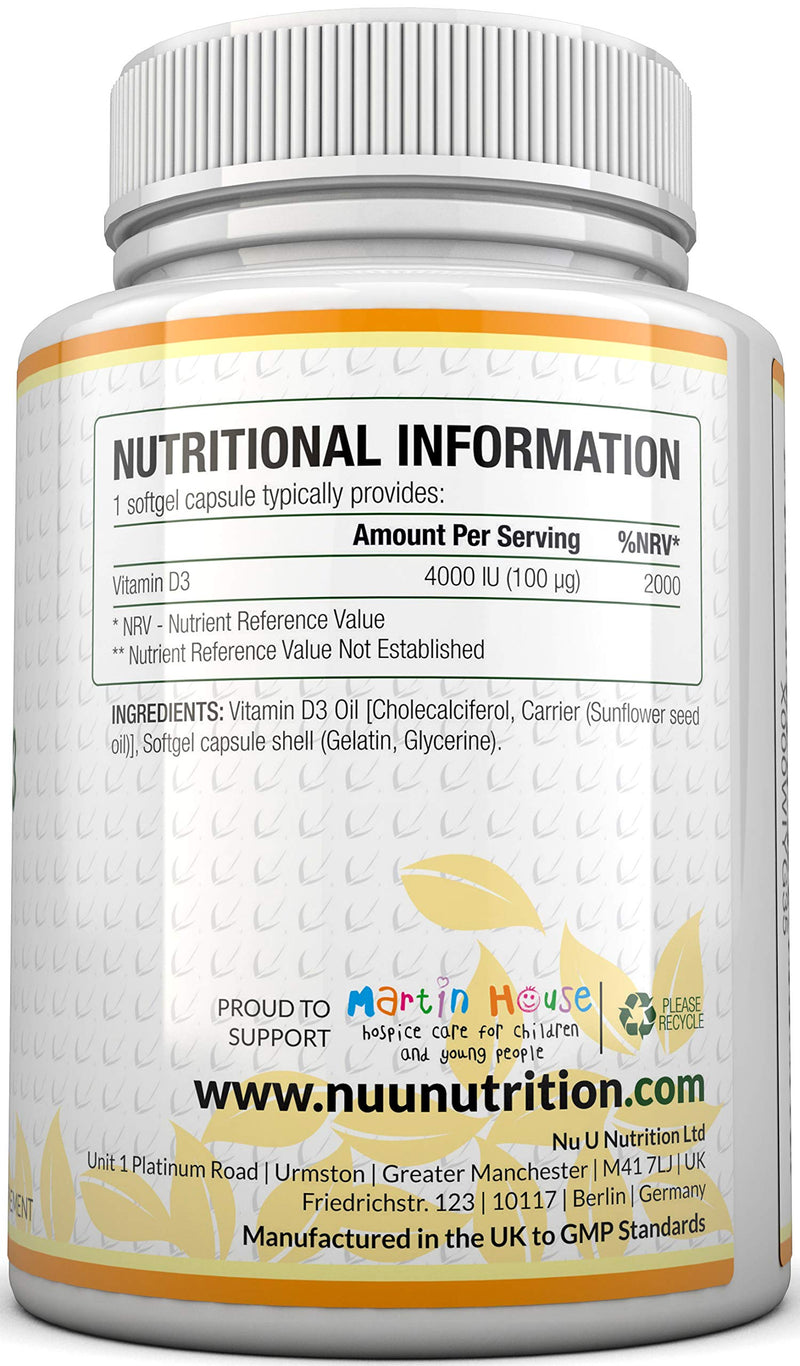 [Australia] - Vitamin D3 4000 IU, 365 Softgel Capsules NOT Tablets, Full Year Supply, Easy to Swallow Quadruple Strength Vitamin D3 Supplement 