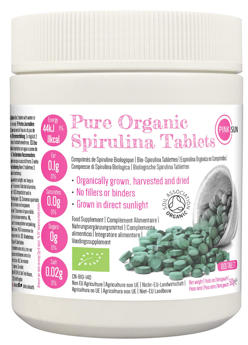 [Australia] - PINK SUN Organic Spirulina Tablets 1000 x 500mg Tabs Gluten Free Non GMO Suitable for Vegetarians and Vegans Certified Organic by The Soil Association 500g Bulk Buy 1 