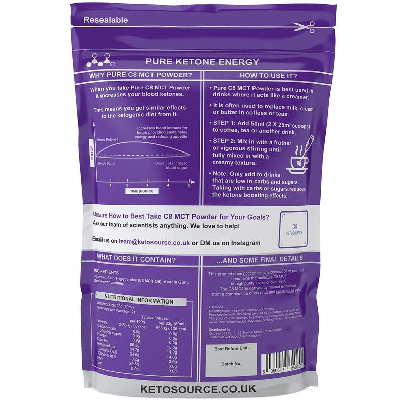 [Australia] - Ketosource® Premium C8 MCT Powder | 3X Ketone Boost Versus Other MCTs | 0g Carbs | Supports Keto & Fasting | Vegan Safe & Gluten Free | All Natural Ingredients | Plain Flavour | 500g Pouch Unflavoured 500 g (Pack of 1) 