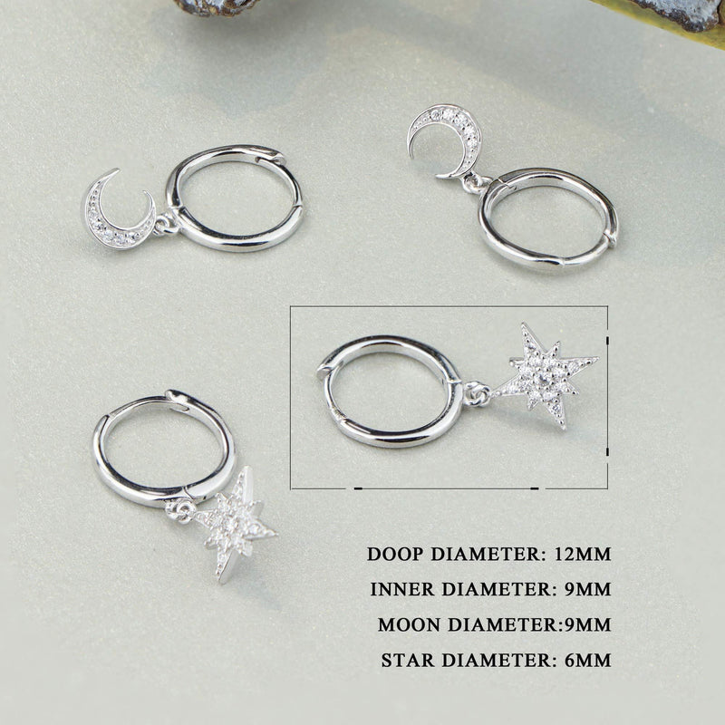 [Australia] - Milacolato 2 Pairs 925 Sterling Silver Moon Star Dangle Hoop Earring CZ Drop Huggie Cartilage Cute Earring Set for Women 